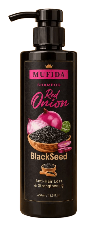 MUFIDA – Shampo me Qepë të Kuqe & Fara të Zeza (Black Seed) Anti-Rënie Flokësh & Forcuese