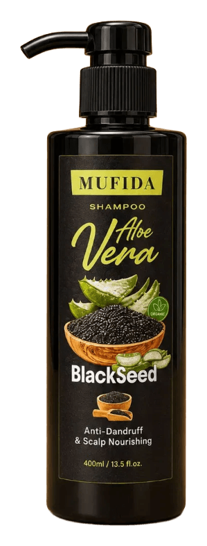 MUFIDA – Shampo me Aloe Vera & Fara të Zeza (Black Seed) Anti-Zbokth & Ushqyese për Lëkurën e Kokës