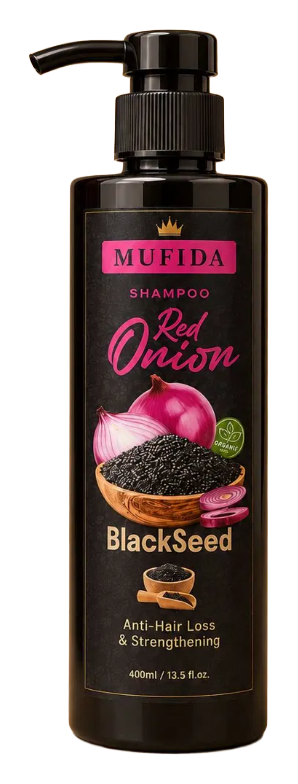 MUFIDA – Shampo me Qepë të Kuqe & Fara të Zeza (Black Seed) Anti-Rënie Flokësh & Forcuese