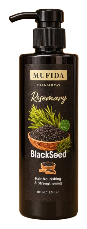 MUFIDA – Shampo me Rozmarinë & Fara të Zeza (Black Seed) Ushqyese për Flokët & Forcuese