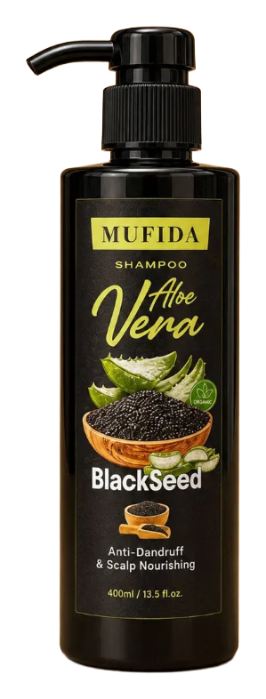 MUFIDA – Shampo me Aloe Vera & Fara të Zeza (Black Seed) Anti-Zbokth & Ushqyese për Lëkurën e Kokës